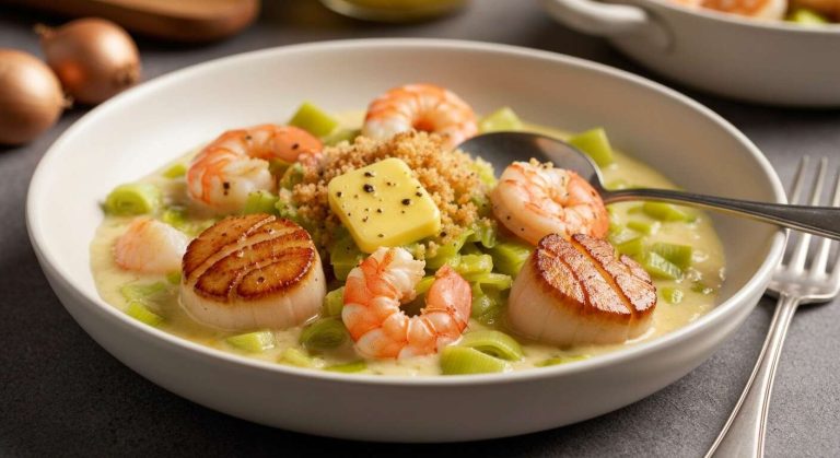 Cassolette de Saint-Jacques aux poireaux et crevettes : savourez ce délice marin