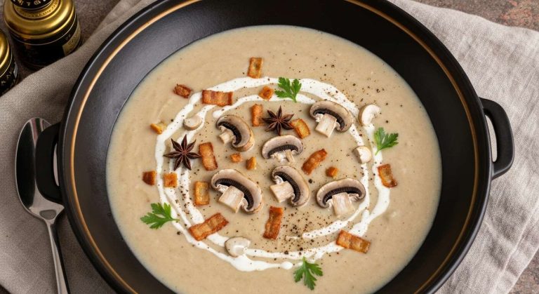Velouté de pommes de terre et champignons aux lardons : recette savoureuse