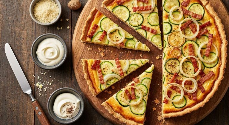 Tarte courgettes, lardons et oignons : recette savoureuse