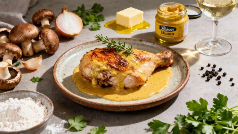 Poulet au vin blanc, crème et moutarde : recette savoureuse