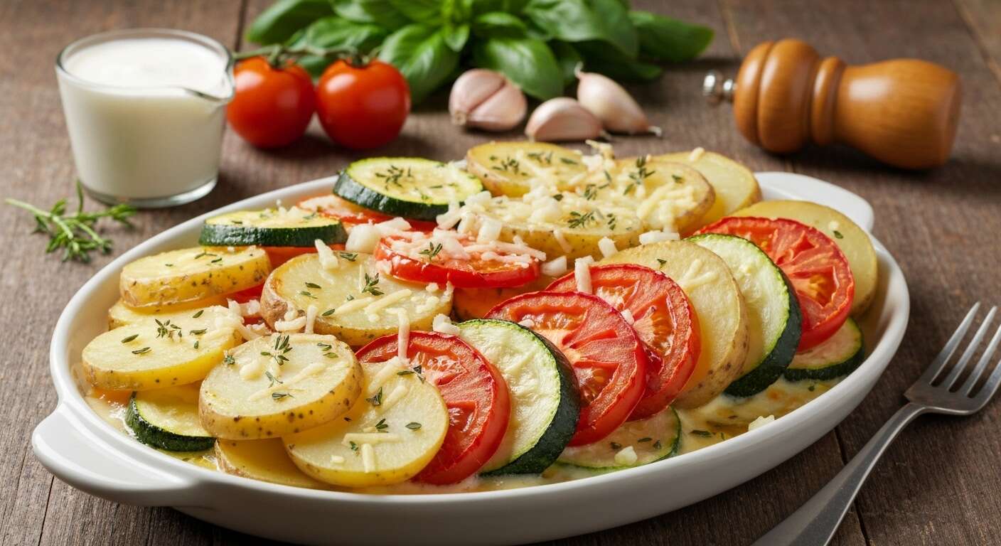 Gratin de pommes de terre, courgettes et tomates : recette facile et savoureuse