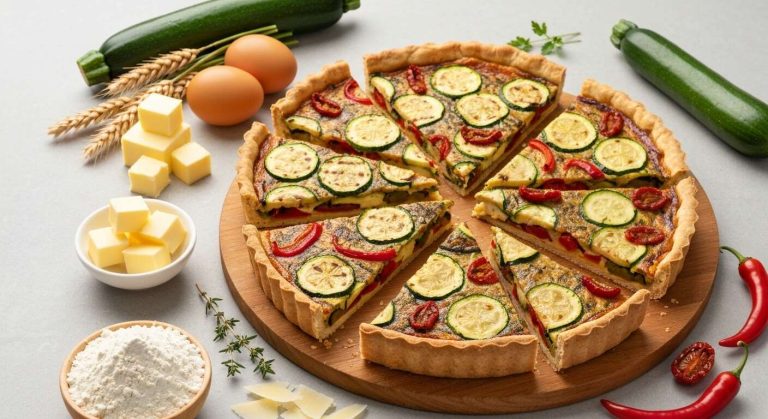 Recette de tarte salée aux légumes : courgettes, poivron et tomates