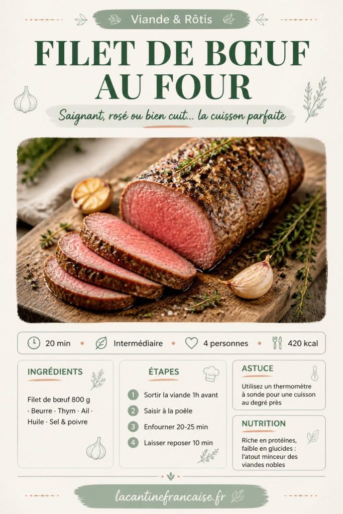 Filet de bœuf rôti au four tranché, cœur rosé, sur planche en bois avec thym et fleur de sel