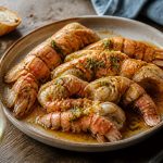 Queues de langoustine saisies à la poêle avec beurre demi-sel, ail et persil, servies sur une assiette en ardoise