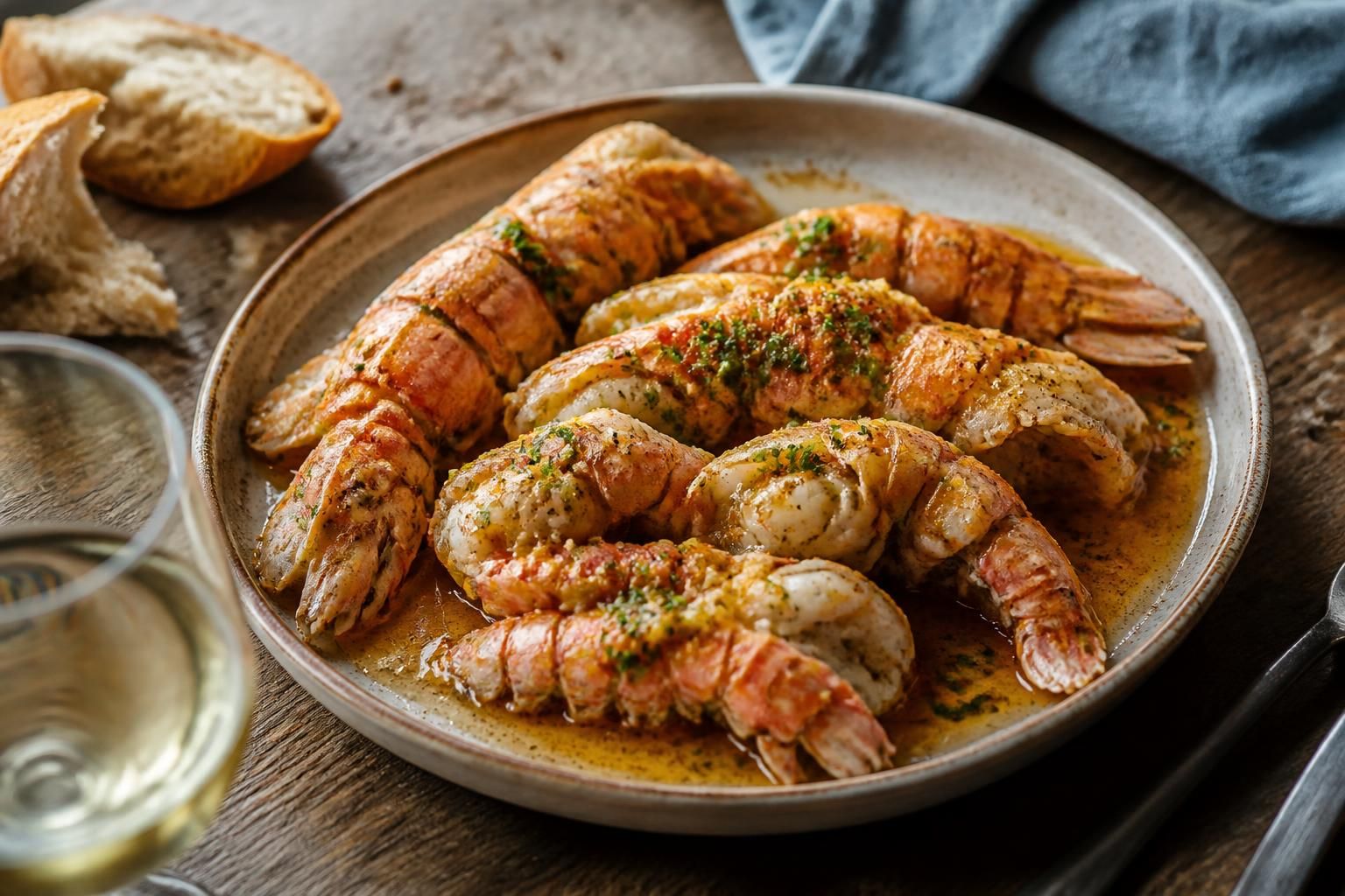 Queues de langoustine saisies à la poêle avec beurre demi-sel, ail et persil, servies sur une assiette en ardoise