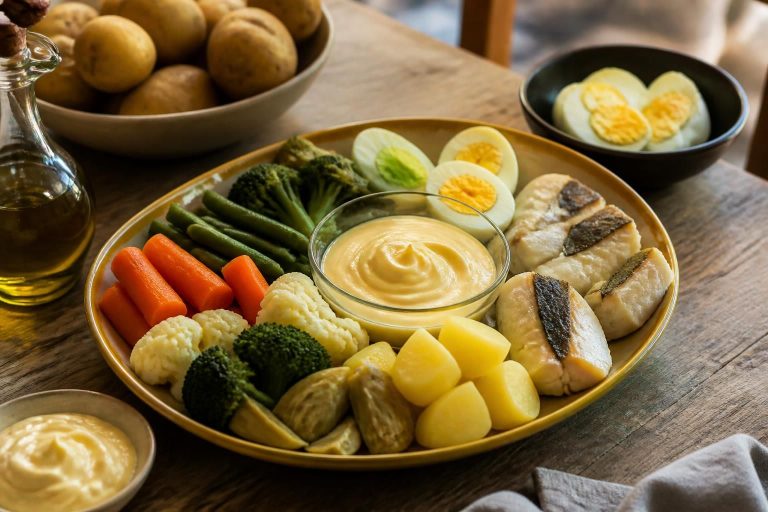 Grand aïoli provençal traditionnel servi sur un grand plat : sauce aïoli dorée au mortier, morue pochée, légumes vapeur colorés et œufs durs