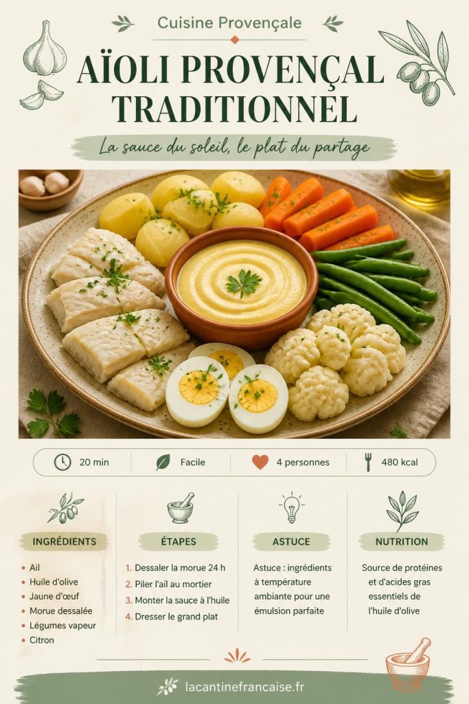 Grand aïoli provençal traditionnel : sauce dorée, morue pochée et légumes vapeur sur un grand plat rustique