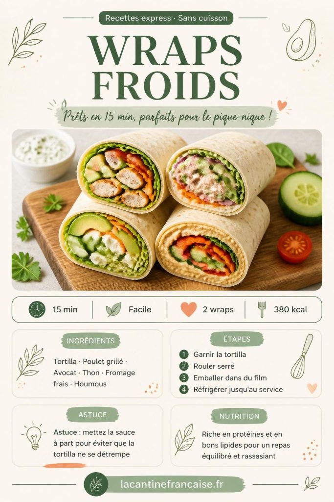 Quatre recettes de wraps froids garnis disposés sur une planche, vue de dessus