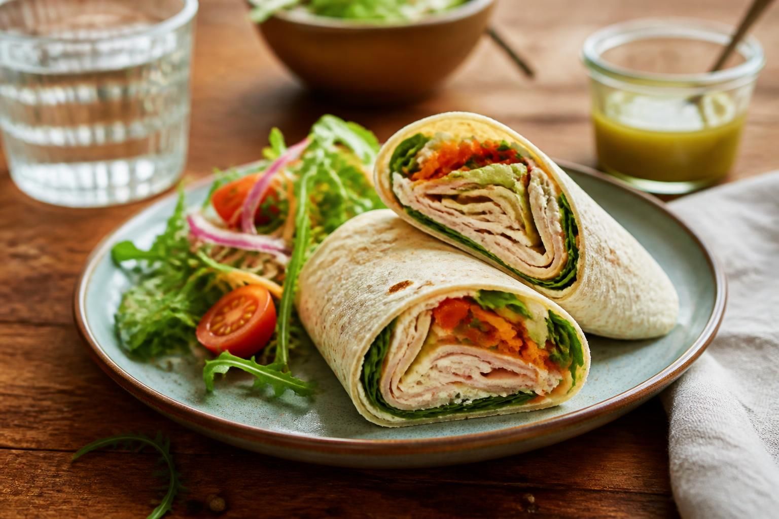Quatre wraps froids garnis tranchés en deux, disposés sur une planche en bois avec des crudités colorées et des herbes fraîches