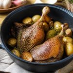 Cuisses de canard dorées et fondantes mijotées en cocotte en fonte émaillée, avec aromates et sauce réduite
