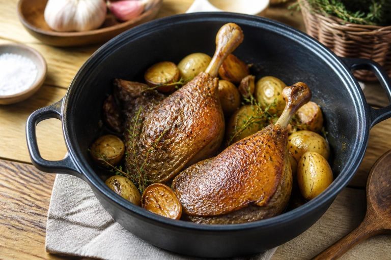 Cuisses de canard dorées et fondantes mijotées en cocotte en fonte émaillée, avec aromates et sauce réduite