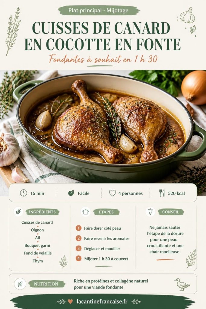 Cuisses de canard mijotées en cocotte en fonte, fondantes et dorées, sur fond de sauce aux aromates