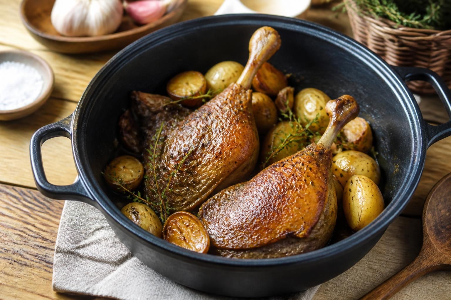 Cuisses de canard dorées et fondantes mijotées en cocotte en fonte émaillée, avec aromates et sauce réduite