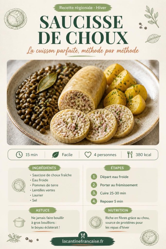Saucisse de choux pochée avec lentilles vertes du Puy et pommes de terre, recette auvergnate traditionnelle