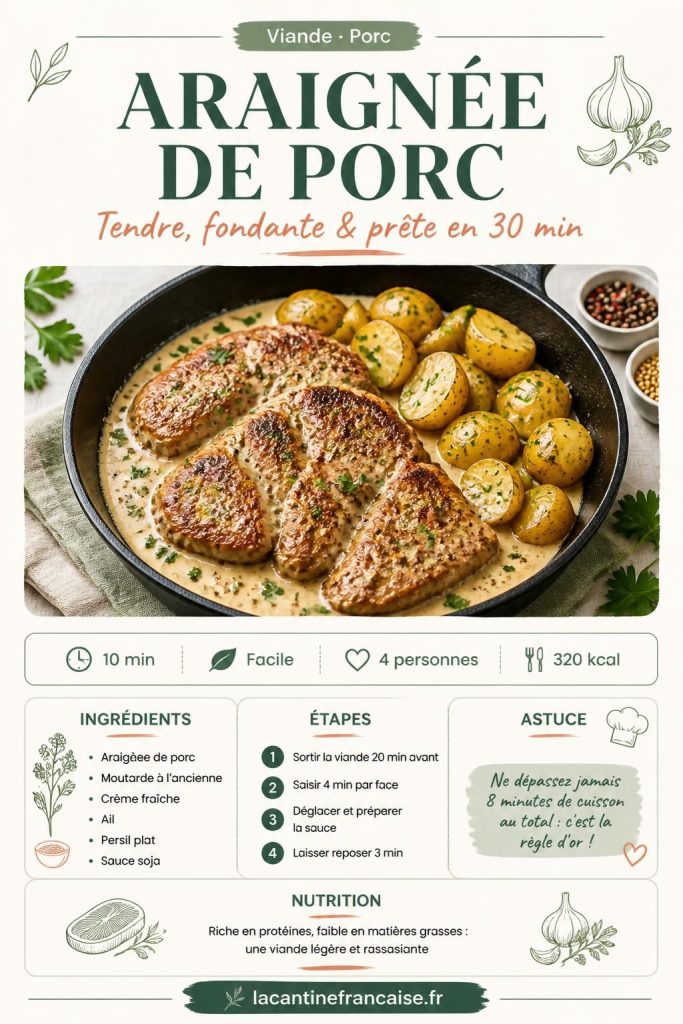 Araignée de porc dorée à la poêle avec sauce moutarde, miel-soja et persillade, présentation Pinterest verticale