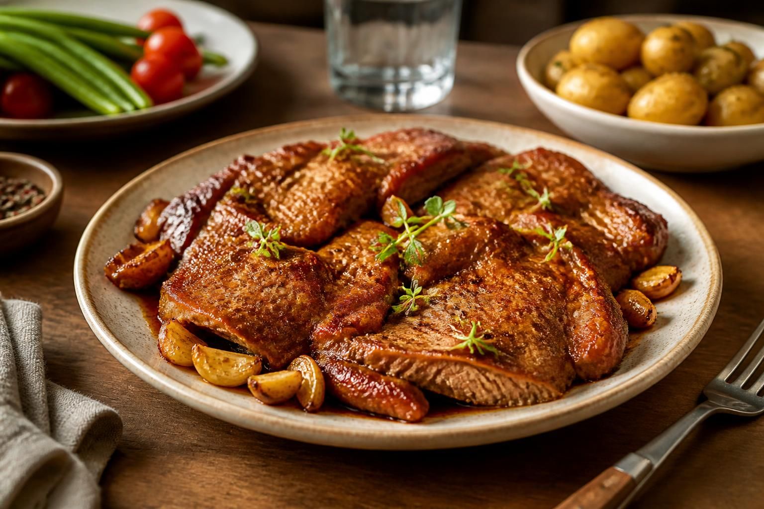 Araignée de porc dorée à la poêle avec sauce moutarde à l'ancienne et persil frais, servie sur une assiette en grès avec des pommes de terre grenaille
